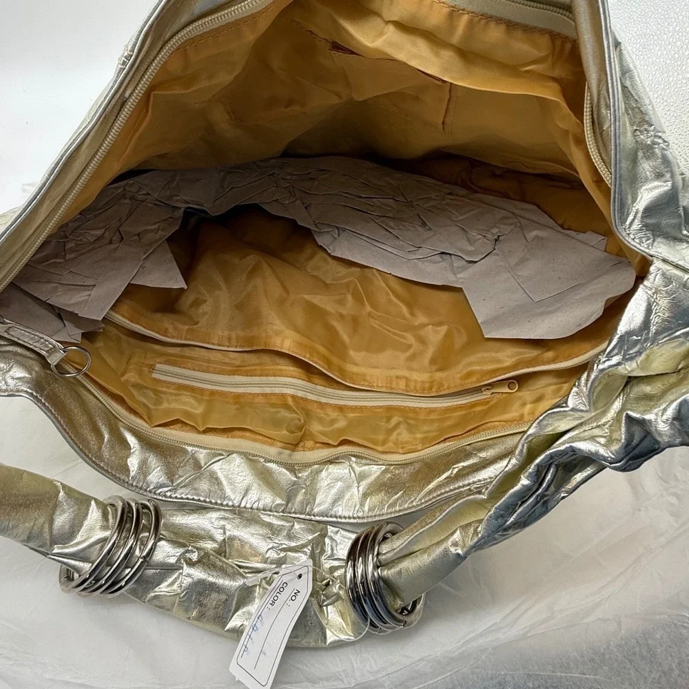 Gold‎ Metallic Hobo Bag Shoulder Bag Large Crinkle Faux Leather Silver Tones
